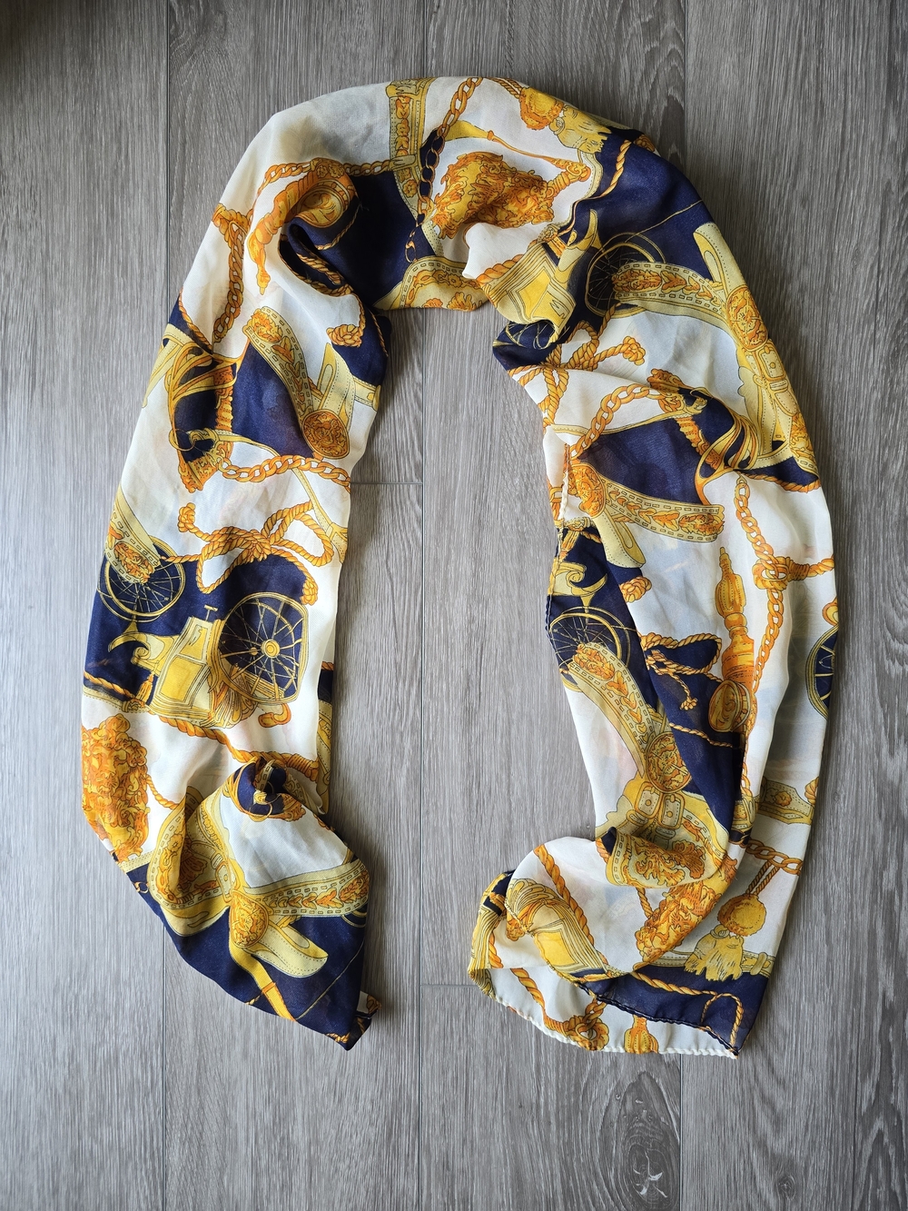 Baroque Chain Carriage Print Scarf Wrap Navy Gold Equestrian Status Print Sheer